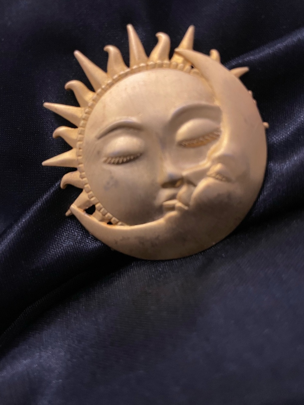 VINTAGE Gold-tone metal brooch, JJ (Jonette Jewelry) Sun and Moon Face Pin